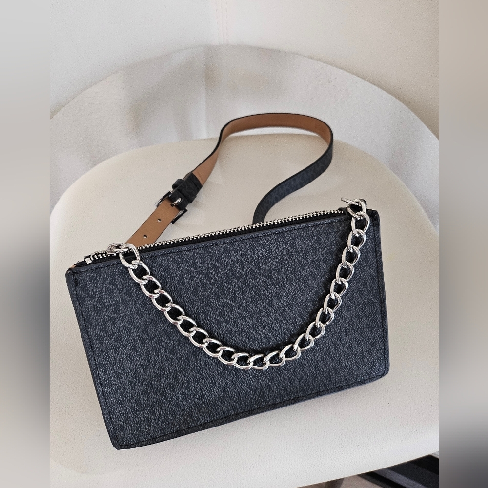 Michael Kors Black MK Logo Fanny Pack Belt Bag Chain Accent Zip Waist Crossbody. - Picture 3 of 13